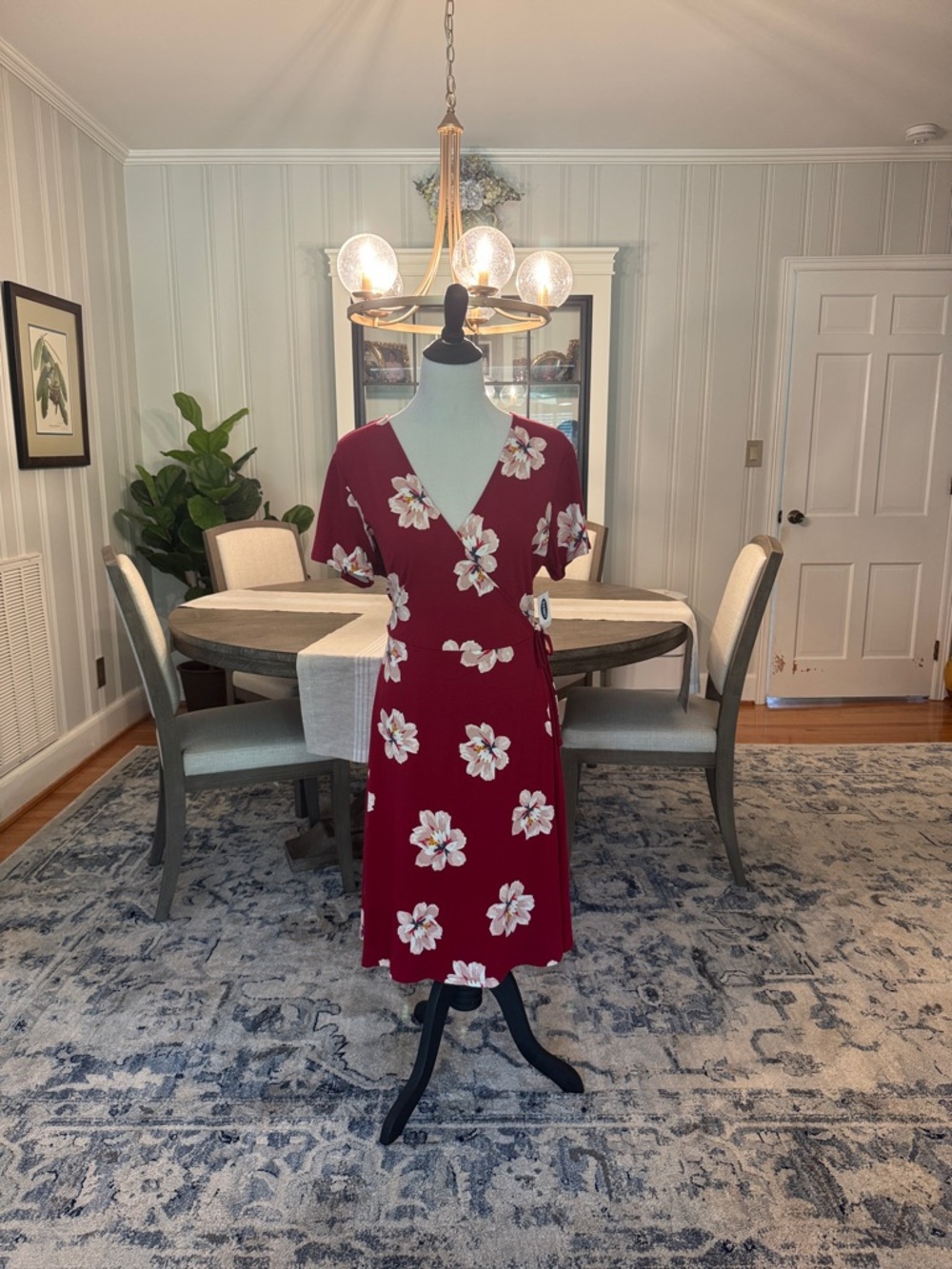 Women's Cranberry Floral Faux Wrap Dress - Elegant V-Neck Midi